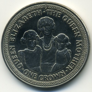 Реверс монеты Остров Мэн, 1 крона, 1985, 85 лет со дня рождения Королевы Матери /Королева-мать, Елизавета, Маргарет/