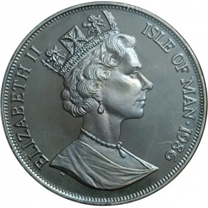 Аверс монеты Остров Мэн, 1 крона, 1986, Чемпионат мира по футболу 1986, Мексика /гол, 3 игрока, сетка/