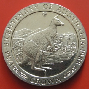 Реверс монеты Остров Мэн, 1 крона, 1988, 200 лет Австралии, кенгуру