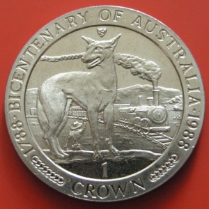 Реверс монеты Остров Мэн, 1 крона, 1988, 200 лет Австралии, Динго