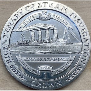 Реверс монеты Остров Мэн, 1 крона, 1988, 200 лет паровому флоту. RMS Mauretania