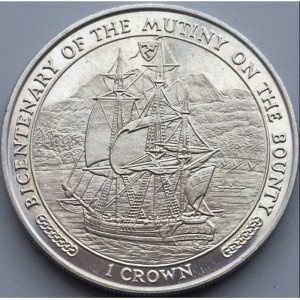 Реверс монеты Остров Мэн, 1 крона, 1989, 200 лет мятежу на "Баунти". Корабль