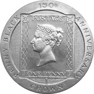 Реверс монеты Остров Мэн, 1 крона, 1990, 150 лет первой почтовой марке "Чёрный пенни"