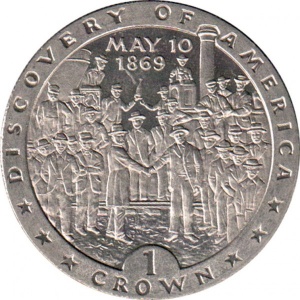 Реверс монеты Остров Мэн, 1 крона, 1992, Открытие Америки - 10 мая 1869