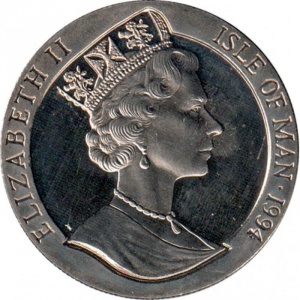 Аверс монеты Остров Мэн, 1 крона, 1994, Чемпионат мира по футболу 1994, США /3 игрока, мяч вверху/