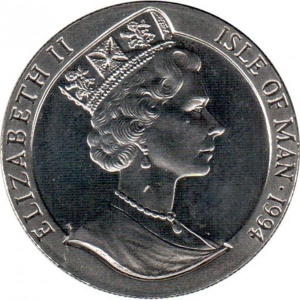 Аверс монеты Остров Мэн, 1 крона, 1994, Чемпионат мира по футболу 1994, США /игрок бьет по мячу/