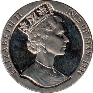 Аверс монеты Остров Мэн, 1 крона, 1994, Чемпионат мира по футболу 1994, США /3 игрока, мяч внизу/
