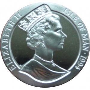 Аверс монеты Остров Мэн, 1 крона, 1994, Чемпионат мира по футболу 1994, США /вратарь отбивает мяч/