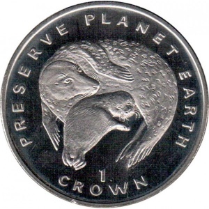 Реверс монеты Остров Мэн, 1 крона, 1994, Заповедник планета Земля - Тюлени