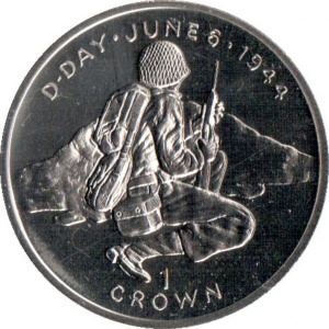 Реверс монеты Остров Мэн, 1 крона, 1994, 50 лет высадке в Нормандии 6 июня. Солдат за укрытием