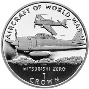 Реверс монеты Остров Мэн, 1 крона, 1995, Авиация Второй Мировой войны - Mitsubishi Zero