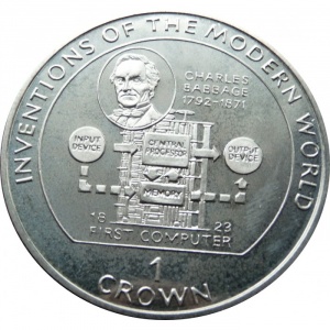 Реверс монеты Остров Мэн, 1 крона, 1995, Чарлз Бэббидж, первый компьютер