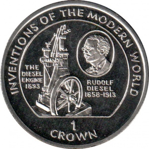 Реверс монеты Остров Мэн, 1 крона, 1995, Рудольф Дизель, дизельный двигатель
