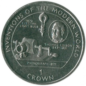 Реверс монеты Остров Мэн, 1 крона, 1996, Томас Эдисон, электрическая лампочка