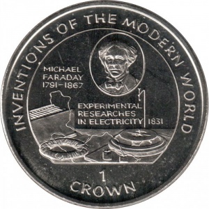 Реверс монеты Остров Мэн, 1 крона, 1996, Майкл Фарадей, электричество