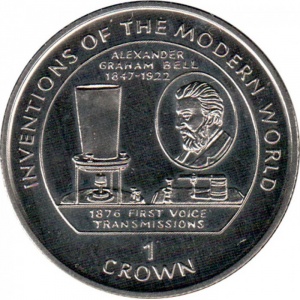 Реверс монеты Остров Мэн, 1 крона, 1996, Александр Грейам Белл, голосовая передача
