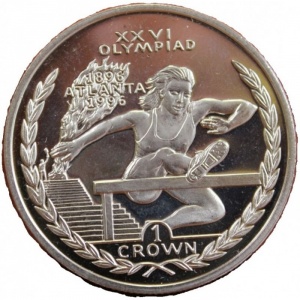 Реверс монеты Остров Мэн, 1 крона, 1996, XXVI летние Олимпийские Игры, Атланта 1996 - Бег с препятствиями