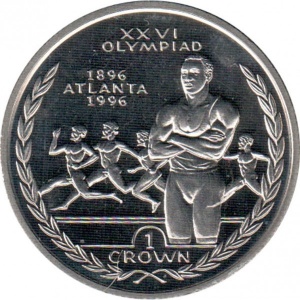 Реверс монеты Остров Мэн, 1 крона, 1996, XXVI летние Олимпийские Игры, Атланта 1996 - Бег
