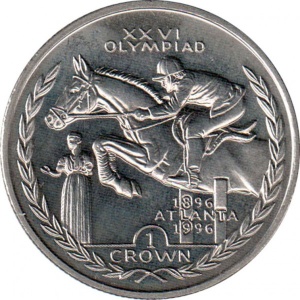 Реверс монеты Остров Мэн, 1 крона, 1996, XXVI летние Олимпийские Игры, Атланта 1996 - Конный спорт