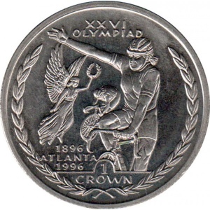 Реверс монеты Остров Мэн, 1 крона, 1996, XXVI летние Олимпийские Игры, Атланта 1996 - Велоспорт