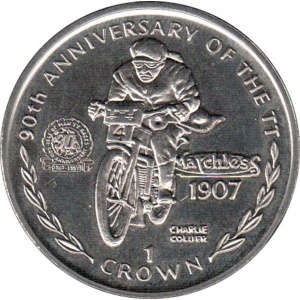 Реверс монеты Остров Мэн, 1 крона, 1997, 90 лет Мотогонкам "Tourist Trophy" - Чарли Коллиер