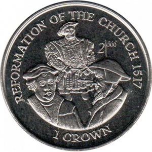 Реверс монеты Остров Мэн, 1 крона, 1998, Реформирование церкви 1517 год
