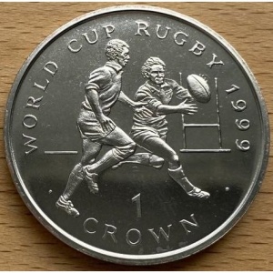 Реверс монеты Остров Мэн, 1 крона, 1999, Чемпионат мира по регби 1999 - Игрок ловит мяч