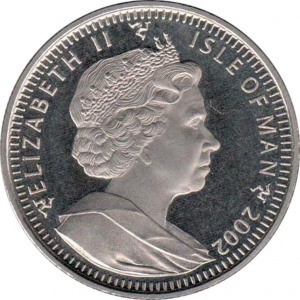 Аверс монеты Остров Мэн, 1 крона, 2002, Чемпионат мира по футболу 2002, Япония-Корея /мяч справа/