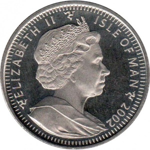 Аверс монеты Остров Мэн, 1 крона, 2002, Чемпионат мира по футболу 2002, Япония-Корея /мяч внизу/