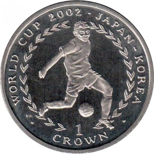 Реверс монеты Остров Мэн, 1 крона, 2002, Чемпионат мира по футболу 2002, Япония-Корея /мяч внизу/