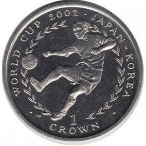 Реверс монеты Остров Мэн, 1 крона, 2002, Чемпионат мира по футболу 2002, Япония-Корея /мяч слева/