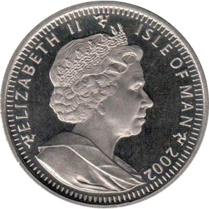 Аверс монеты Остров Мэн, 1 крона, 2002, Чемпионат мира по футболу 2002, Япония-Корея /мяч справа вверху/