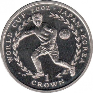 Реверс монеты Остров Мэн, 1 крона, 2002, Чемпионат мира по футболу 2002, Япония-Корея /мяч справа вверху/