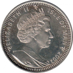 Аверс монеты Остров Мэн, 1 крона, 2002, 50 лет правления Королевы Елизаветы II /шар и скипетр/