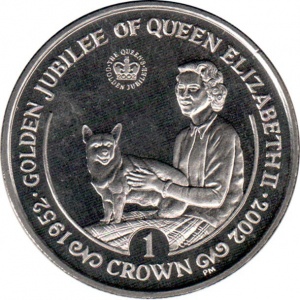Реверс монеты Остров Мэн, 1 крона, 2002, 50 лет правлению Королевы Елизаветы II /с собакой/