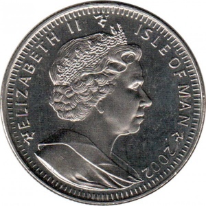 Аверс монеты Остров Мэн, 1 крона, 2002, 50 лет правления Королевы Елизаветы II /Королева Елизавета II с венком/
