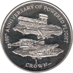 Реверс монеты Остров Мэн, 1 крона, 2003, 100 лет со дня полёта моторного самолёта /4 самолёта/
