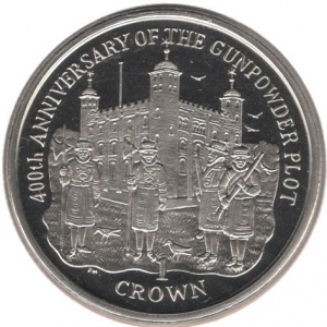 Реверс монеты Остров Мэн, 1 крона, 2005, 400 лет пороховому заговору /4 стражника/