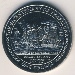 Реверс монеты Остров Мэн, 1 крона, 2005, 200 лет Трафальгарскому сражению