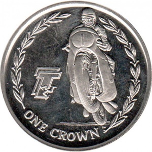 Реверс монеты Остров Мэн, 1 крона, 2005, Мотогонки "Tourist Trophy" /мотоцикл едет влево/