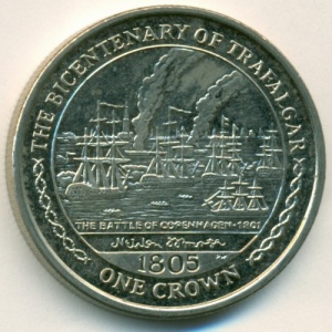 Реверс монеты Остров Мэн, 1 крона, 2005, 200 лет Трафальгарскому сражению - Битва при Копенгагене