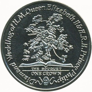 Реверс монеты Остров Мэн, 1 крона, 2007, 60 лет свадьбе Королевы Елизаветы II и Принца Филиппа /Свадебный букет из бе…