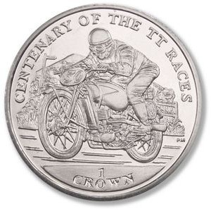 Реверс монеты Остров Мэн, 1 крона, 2007, 100 лет Мотогонкам "Tourist Trophy" /ретро мотоцикл едет влево/