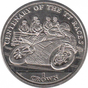 Реверс монеты Остров Мэн, 1 крона, 2007, 100 лет Мотогонкам "Tourist Trophy" /мотоцикл входит в поворот/