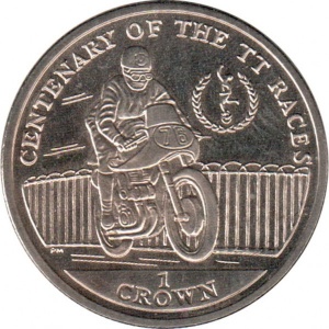 Реверс монеты Остров Мэн, 1 крона, 2007, 100 лет Мотогонкам "Tourist Trophy" /мотоцикл едет вправо/