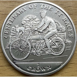 Реверс монеты Остров Мэн, 1 крона, 2007, 100 лет Мотогонкам "Tourist Trophy" /старинный мотоцикл/