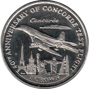 Реверс монеты Остров Мэн, 1 крона, 2009, 40 лет тестовому полёту Конкорда