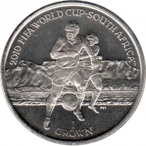 Реверс монеты Остров Мэн, 1 крона, 2010, Чемпионат мира по футболу 2010, ЮАР /футболисты, горы/