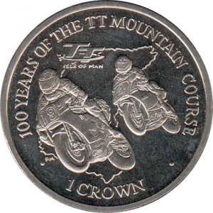 Реверс монеты Остров Мэн, 1 крона, 2011, 100 лет Мотогонкам "Tourist Trophy Mountain Course"