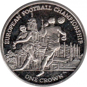 Реверс монеты Остров Мэн, 1 крона, 2012, Чемпионат Европы по футболу 2012, Польша-Украина /мяч вверху справа/